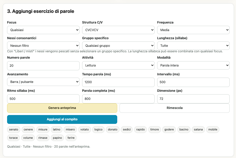 Pannello di personalizzazione degli esercizi di A chiare lettere