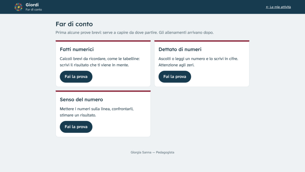 Giordi, Far di conto: la pagina iniziale con le prove brevi